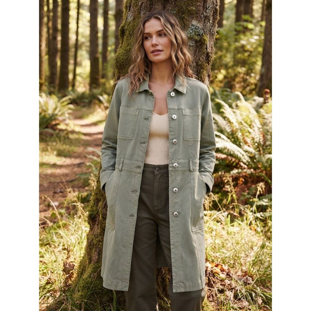 J. Jill Sage Green Denim Coat Utility Long Jacket Sz M Casual Coastal Boho Chic